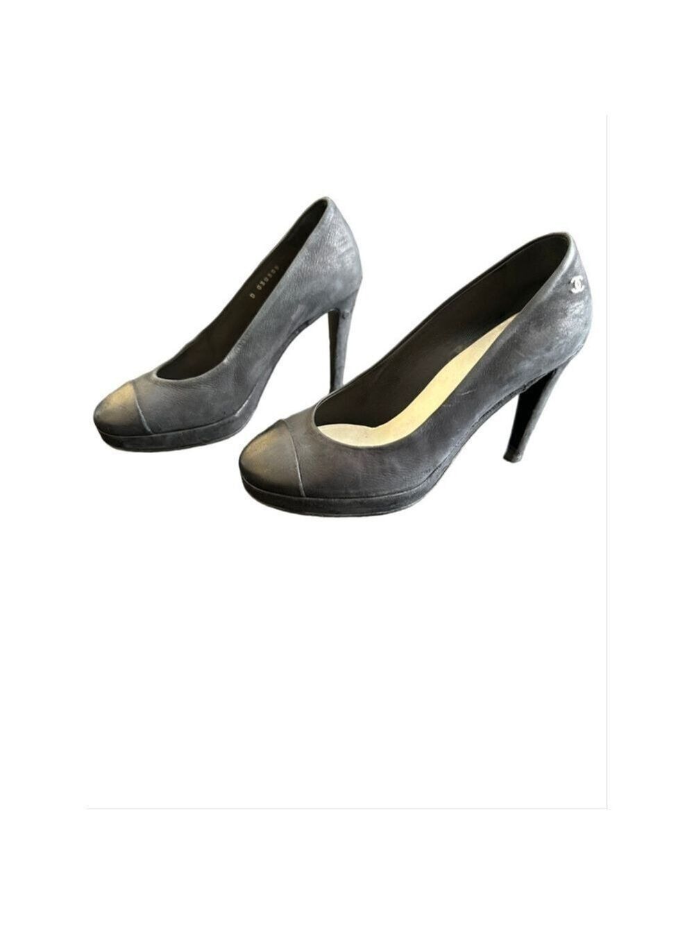 Chanel Black Nubuck Leather Cap Toe Pumps 37C - Picture 14 of 15